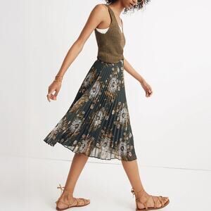 Madewell Pleated Midi Skirt in Painted Blooms Size 4 Green Floral
